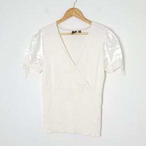 Esprit | Pearl White Knit Short Satin Sleeve Blouse Top Surplice Stretch M